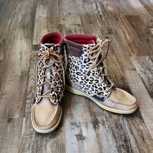 Sperry Top-Sider Hikerfish Leopard Print Boots Size 10M Cow Leather Lace Up